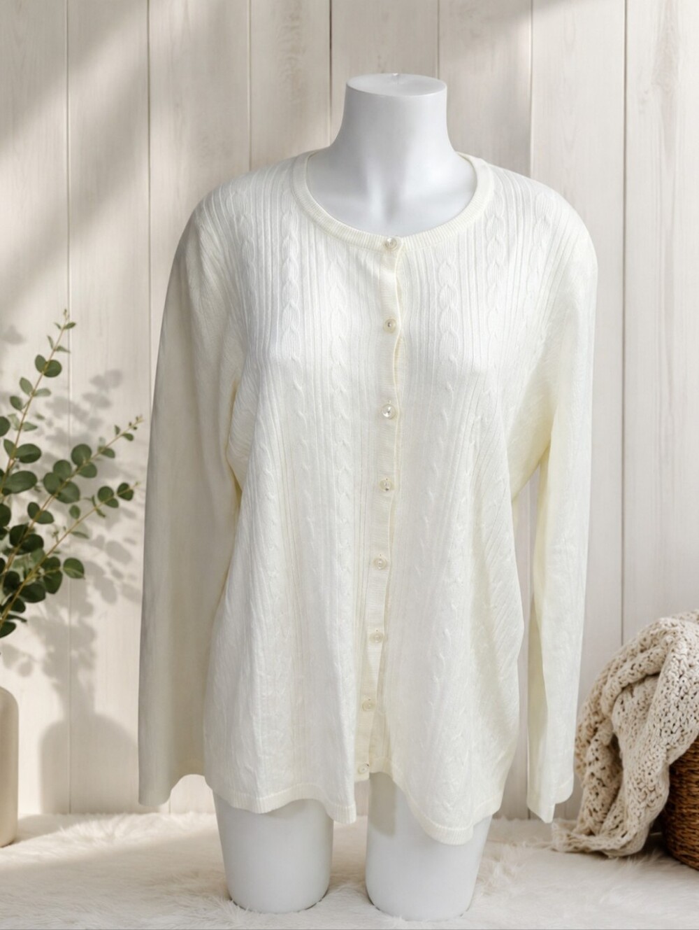 Size XL George white button-down cable knit sweater